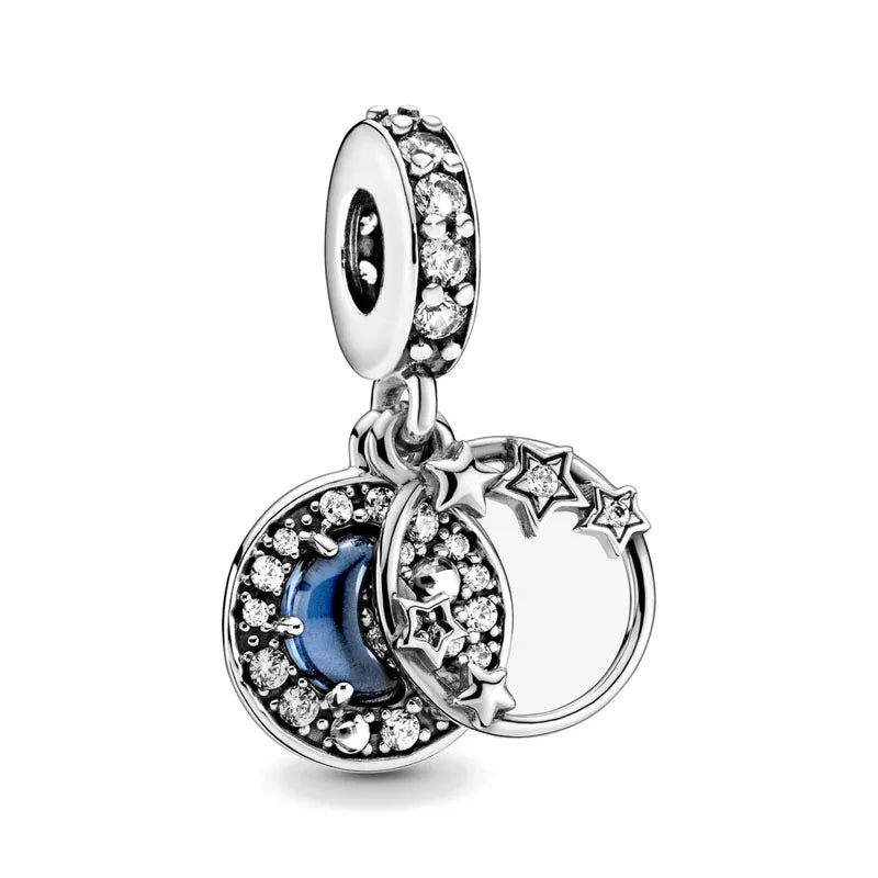 925 sterling silver charm bead with moon and star details, blue enamel accent