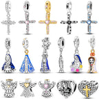 925 sterling silver charm beads with cross, heart, and multicolor stone details