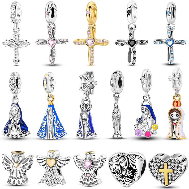 925 sterling silver charm beads with cross, heart, and multicolor stone details