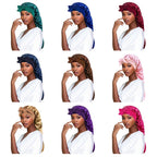 Satin sleep bonnets shown in multiple colors, each with knotted bow and ruched crown