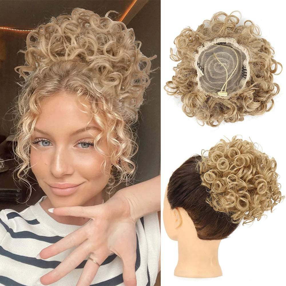 Drawstring messy bun hair piece, synthetic curly in beige-blonde