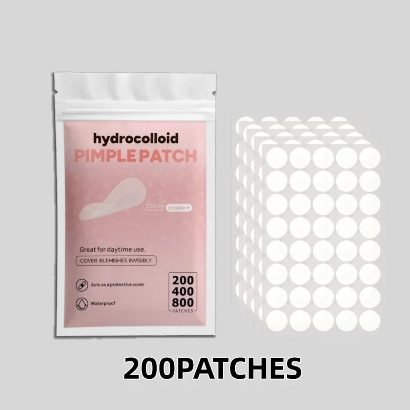 Hydrocolloid pimple patch set pouch with white patch sheet, 200 patches shown