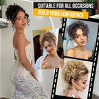 Messy bun hair piece with curly texture, styled up, dark curls