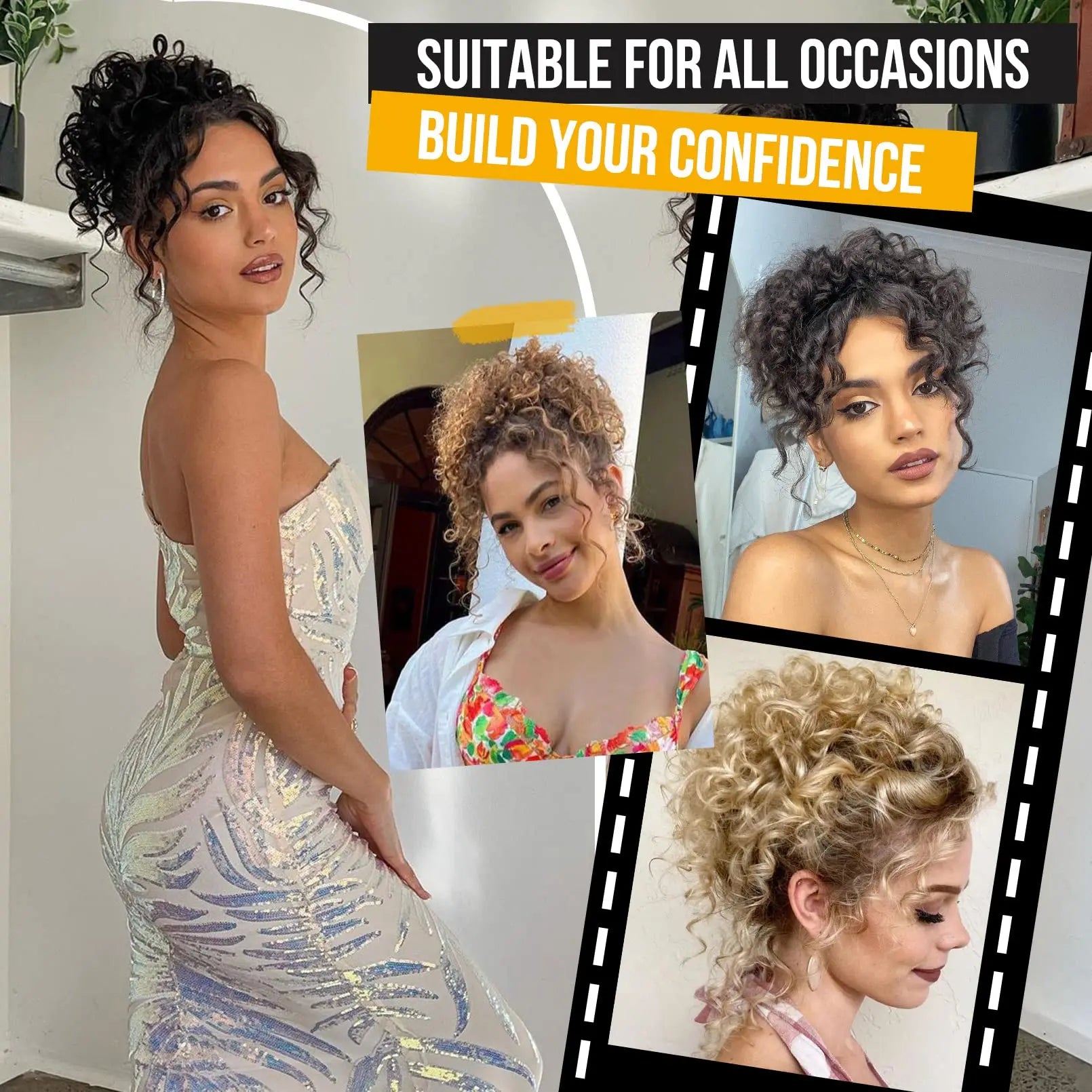 Messy bun hair piece with curly texture, styled up, dark curls