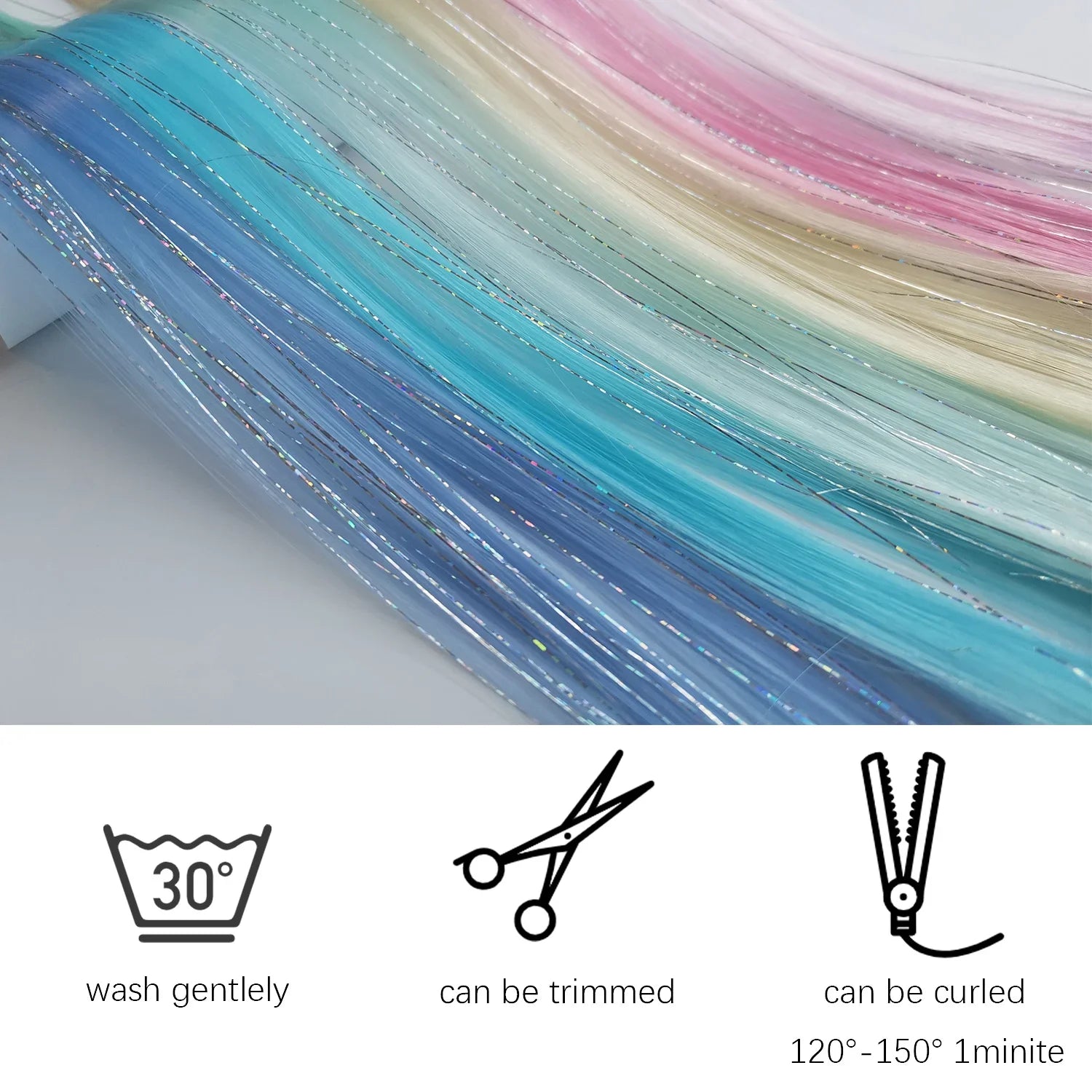 Pastel rainbow hair tinsel strands with fine glitter threads and long straight fibers