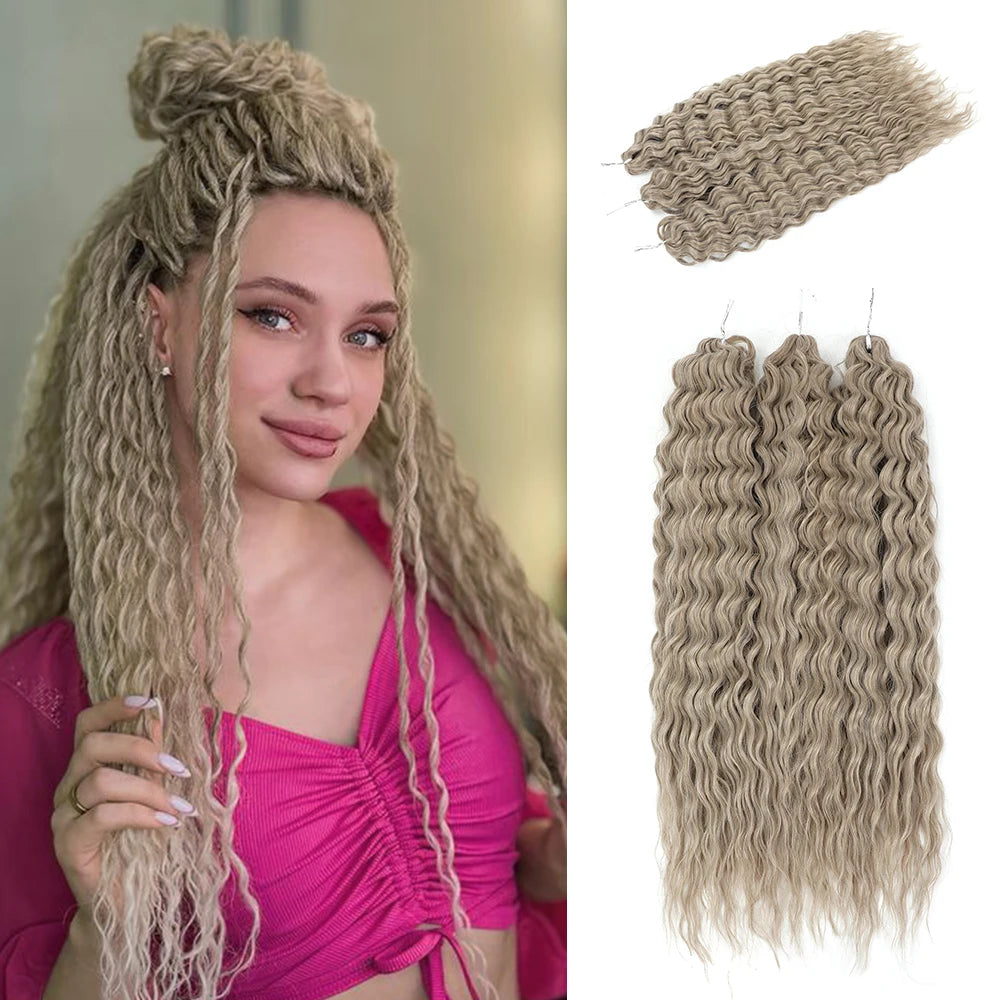 Synthetic curl crochet hair extensions on model, pale blonde water-wave curls