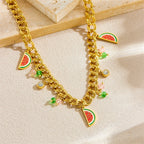 Watermelon enamel charm necklace with gold-tone chain and red-green watermelon charms with green beads