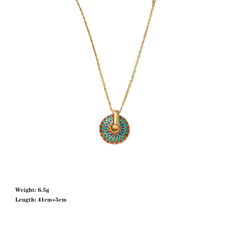 Gold-tone chain necklace with colorful painted flower round pendant