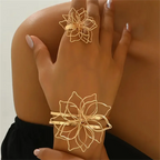 Gold hollow flower bracelet and ring set, gold-tone cuff with matching flower rings