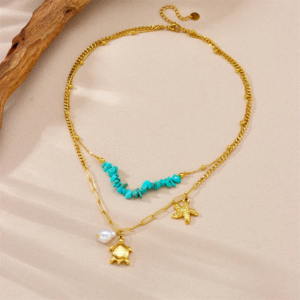 Gold chain double-layer necklace with turquoise beads, starfish and turtle charms, pearl drop