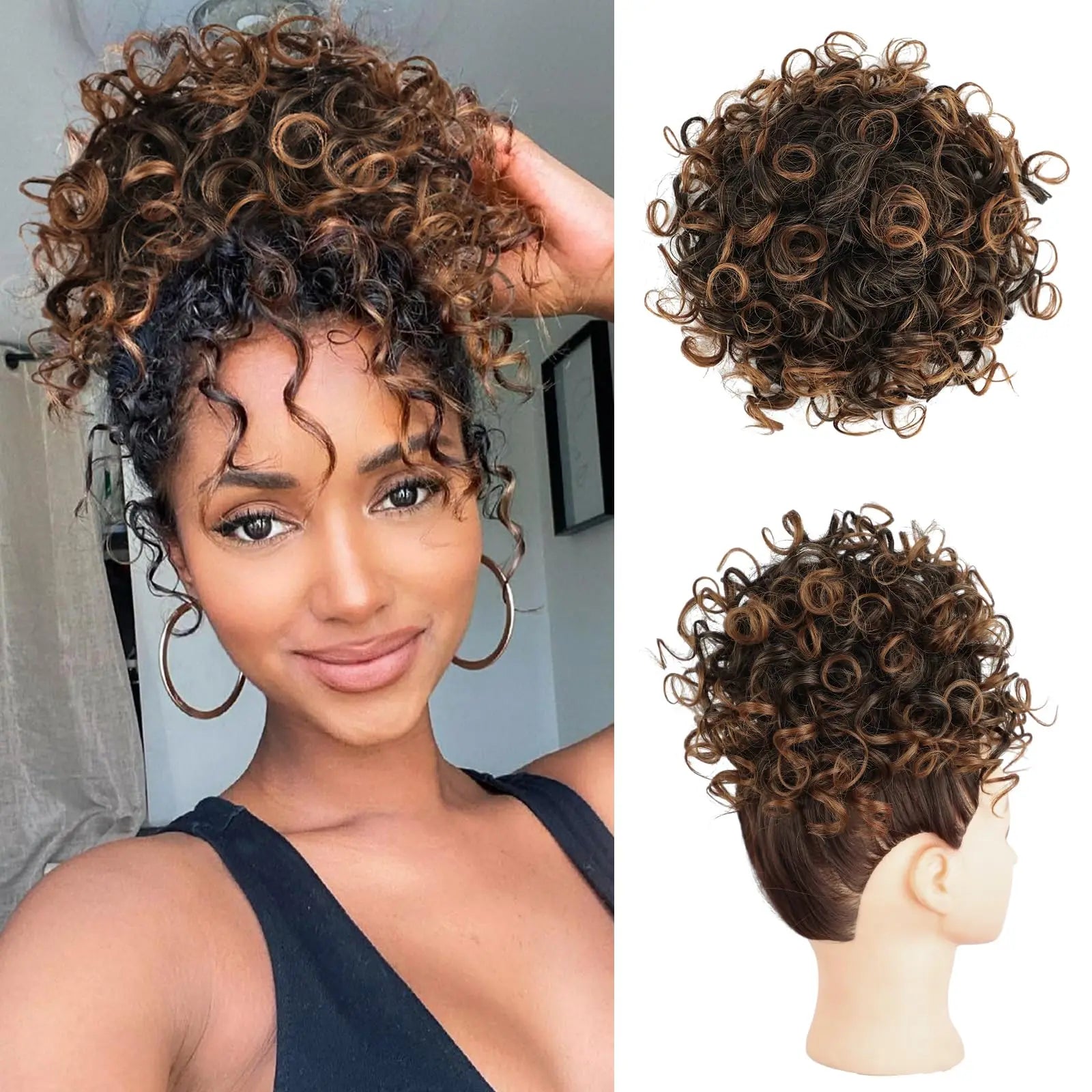 Drawstring messy bun hair piece, synthetic loose-wave curls in caramel brown