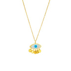 Eye pendant choker necklace, centered gold chain with blue evil-eye charm and gold drops