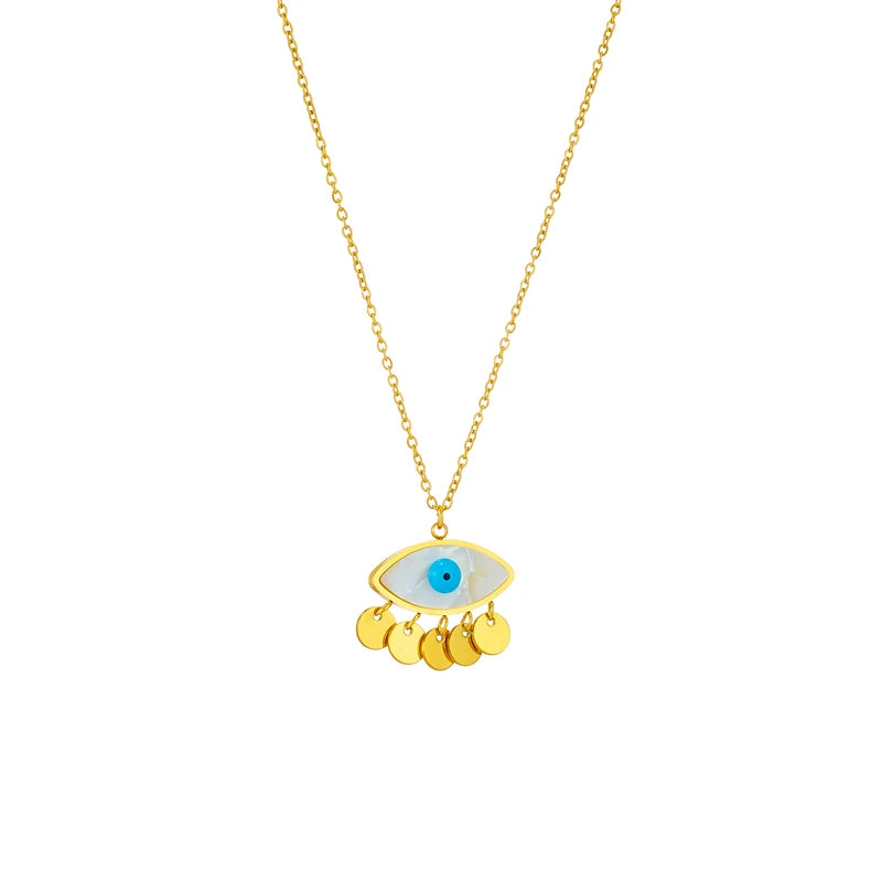 Eye pendant choker necklace, centered gold chain with blue evil-eye charm and gold drops