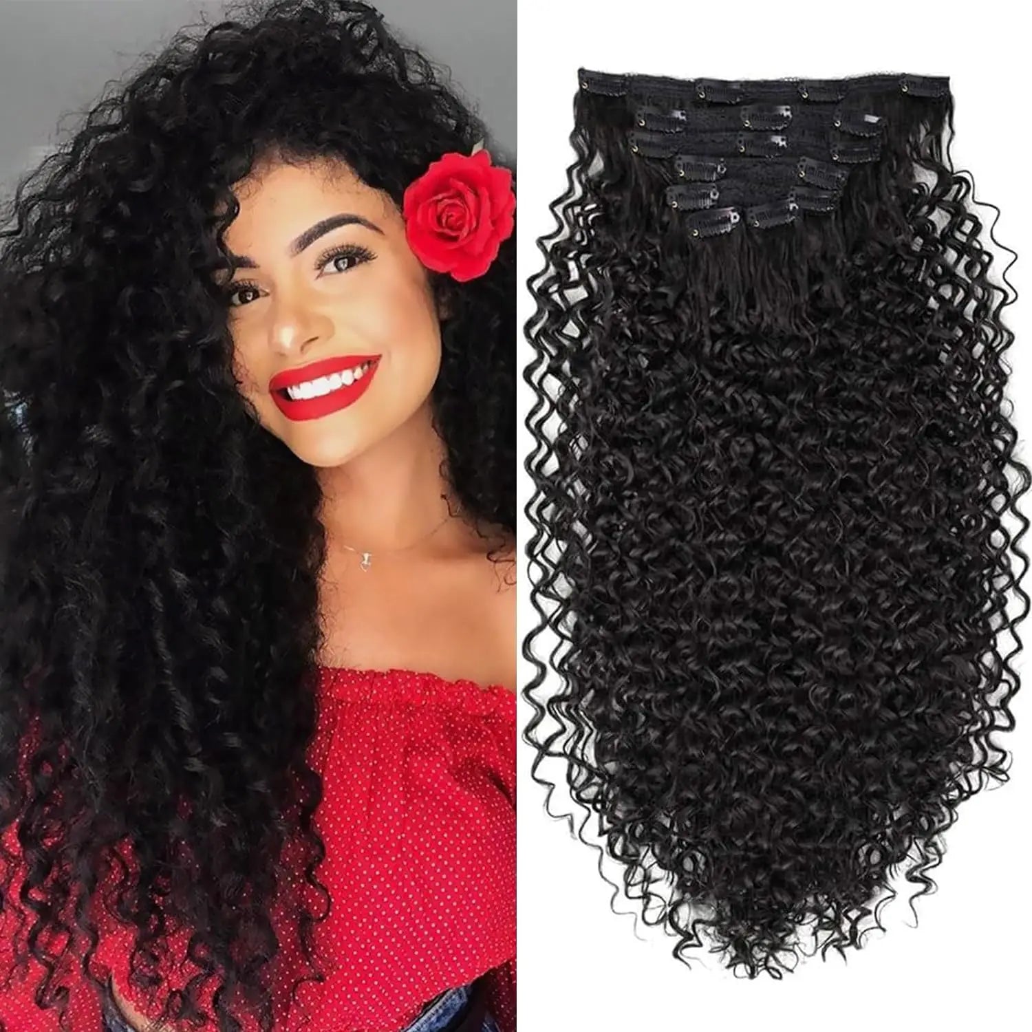 Curly clip-in hair extension with long black synthetic ringlet curls and stitched clip weft