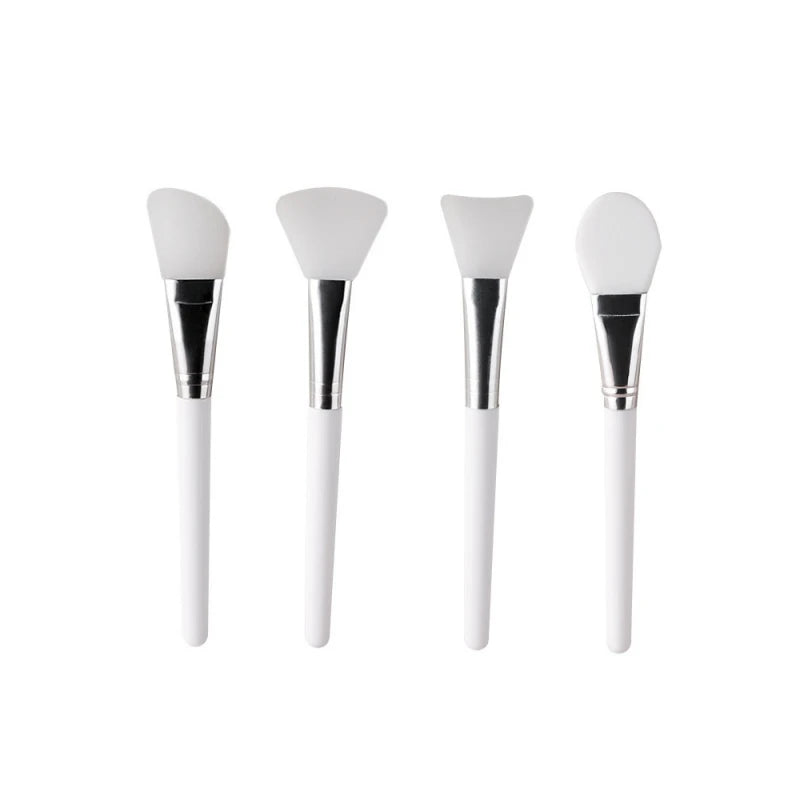 Silicone face mask brush set of four, white handles with silver ferrules and silicone heads