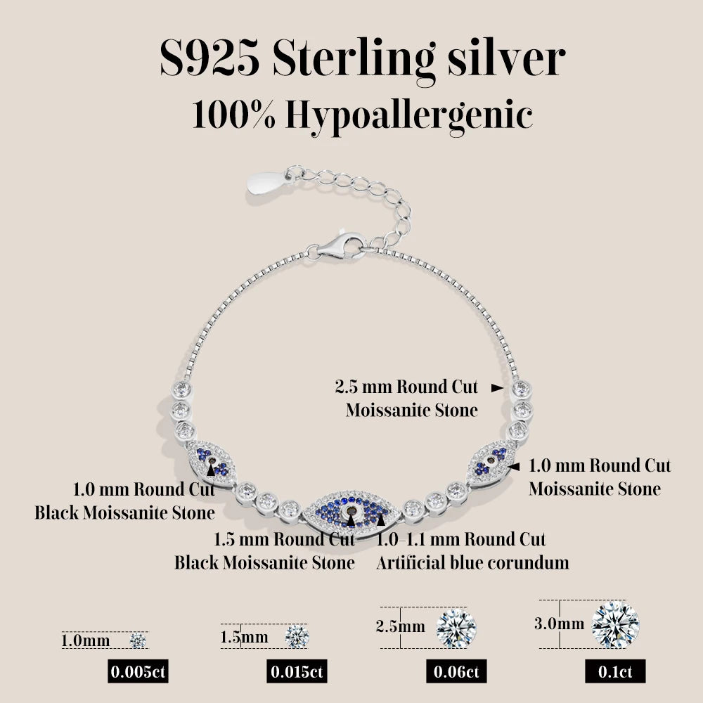 Sterling silver evil eye bracelet with blue oval center and small round stone links