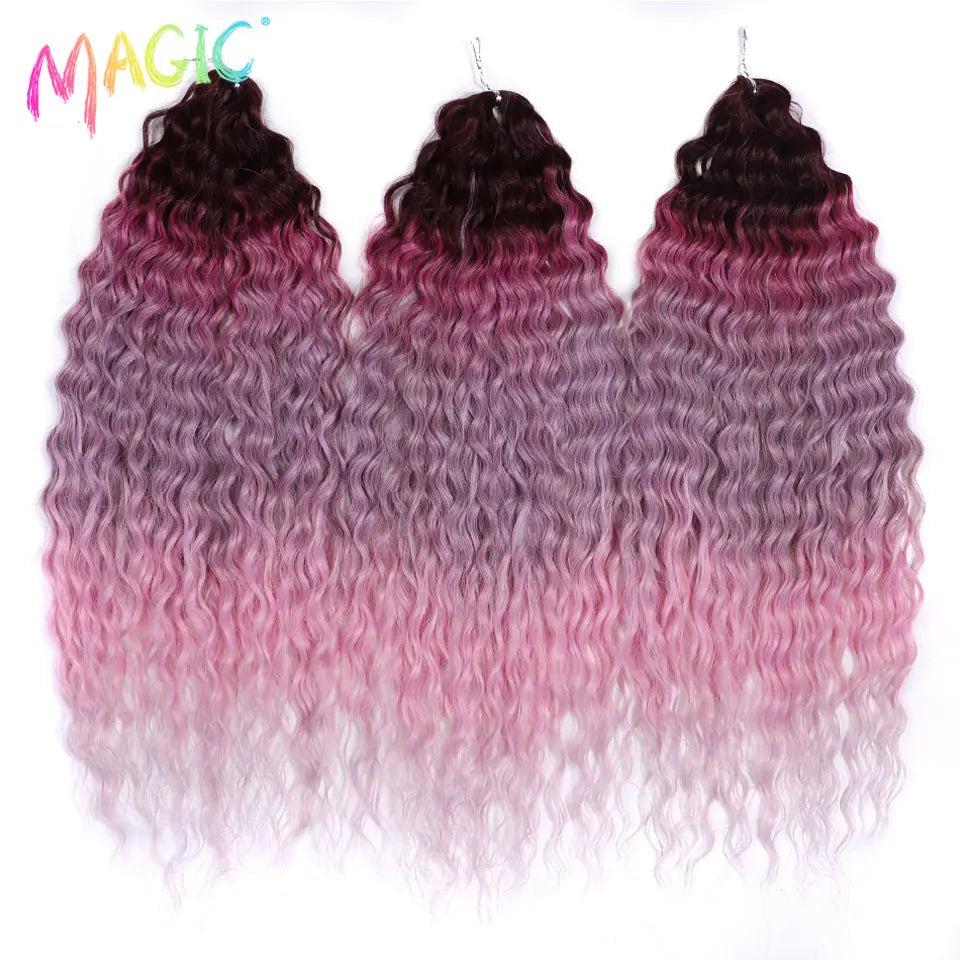 Synthetic ombre curl crochet braids, wavy texture in dark purple to pink ombre