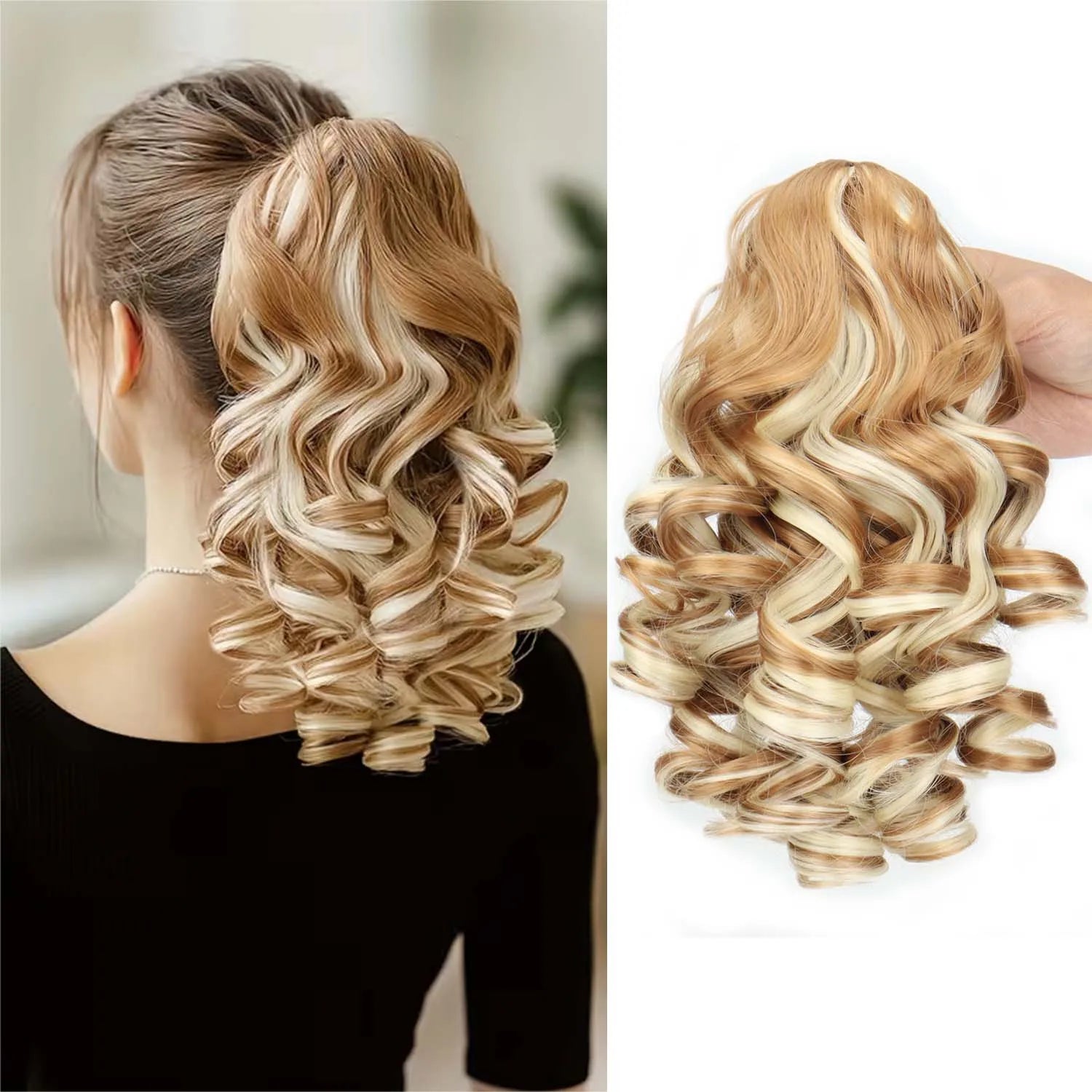 Claw clip ponytail extension with synthetic wavy curls, light honey blonde tone