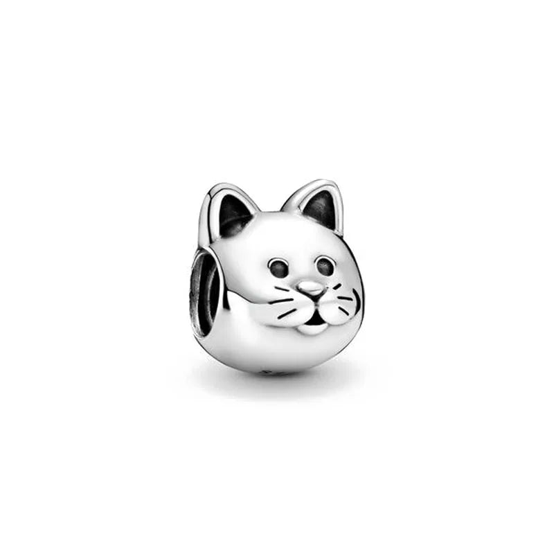 Sterling silver cat face charm bead with bracelet loop and detailed whiskers