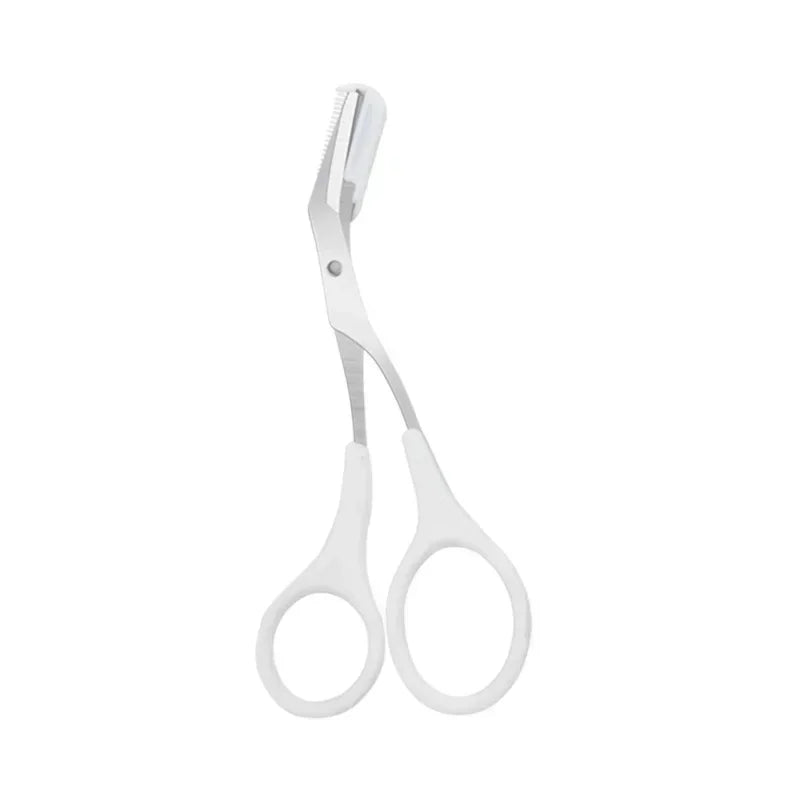 Eyebrow scissors with comb, white handle and silver trimming blades