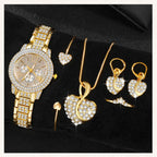 Gold-tone watch plus heart pendant, bangles, and crystal dangling earrings