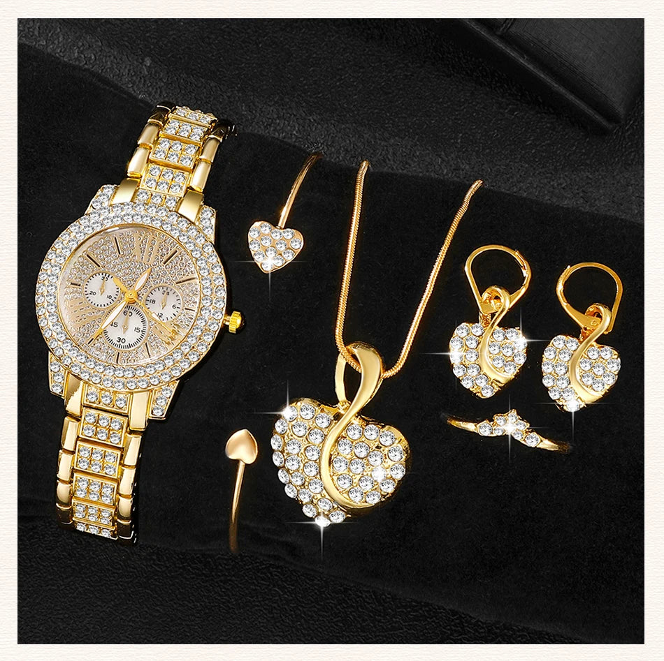Gold-tone watch plus heart pendant, bangles, and crystal dangling earrings