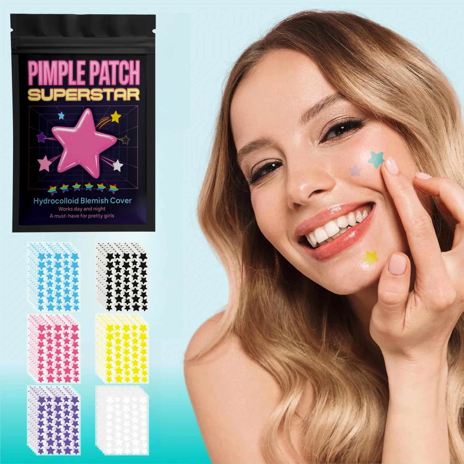 Hydrocolloid star acne patches set, star decals on face and colorful patch sheets