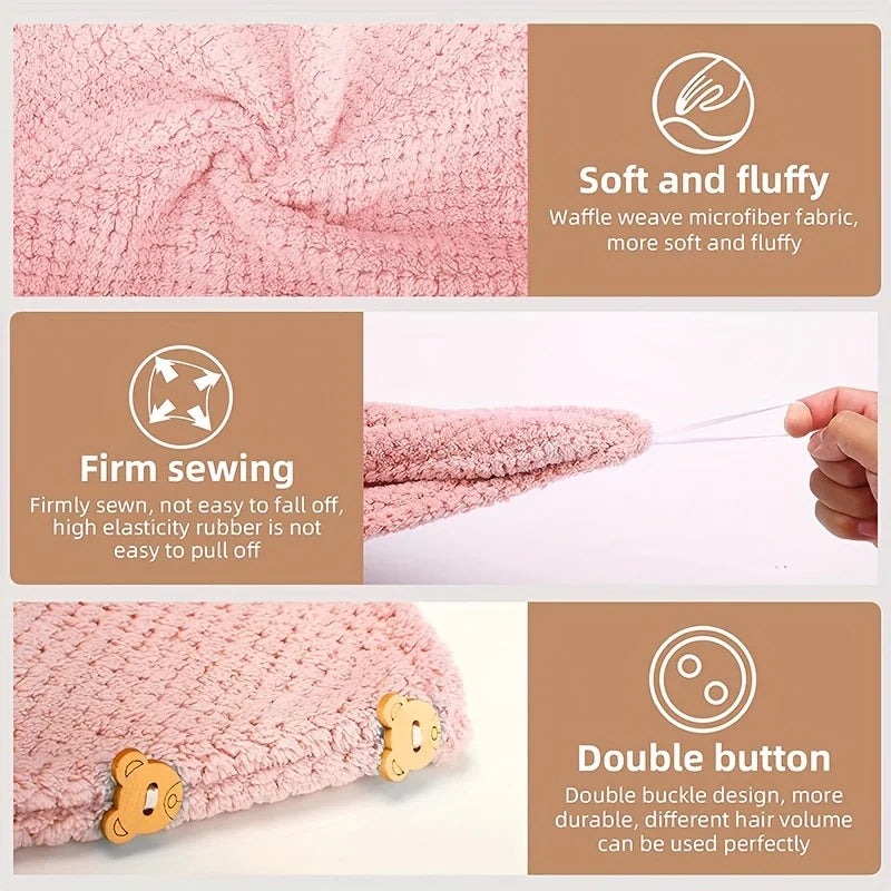 Pink absorbent hair towel wrap fabric with soft waffle texture and secure sewn edges