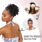Drawstring messy bun hair piece with tight curls, dark, worn in top bun