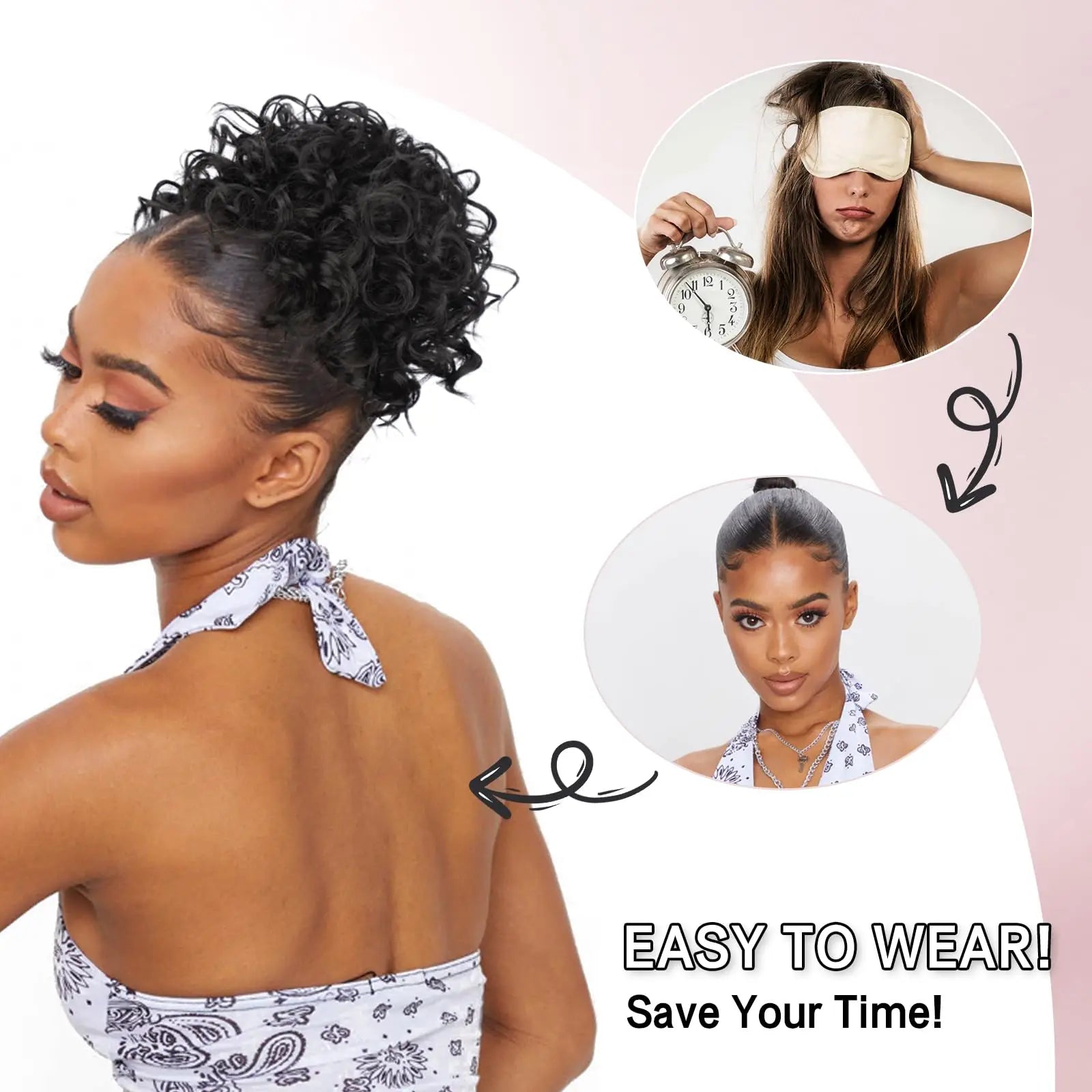 Drawstring messy bun hair piece with tight curls, dark, worn in top bun