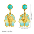 Turquoise round stud earrings with gold pharaoh face and blue enamel striped details