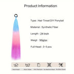 Synthetic hair tinsel DIY ponytail bundle in blue to pink ombre, with care icons