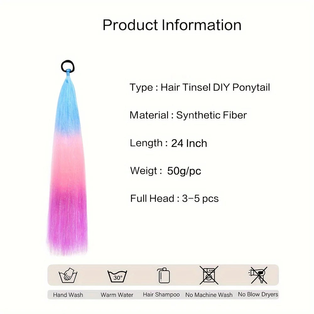 Synthetic hair tinsel DIY ponytail bundle in blue to pink ombre, with care icons