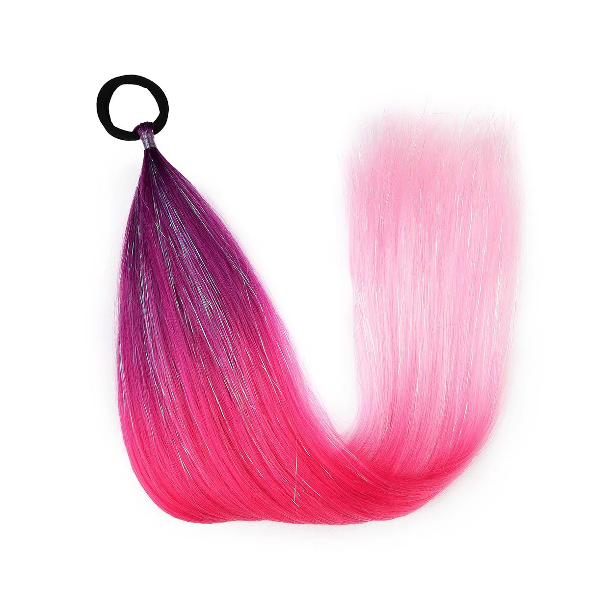 Ombre braid ponytail hair tinsel, synthetic; dark magenta to light pink gradient with top loop