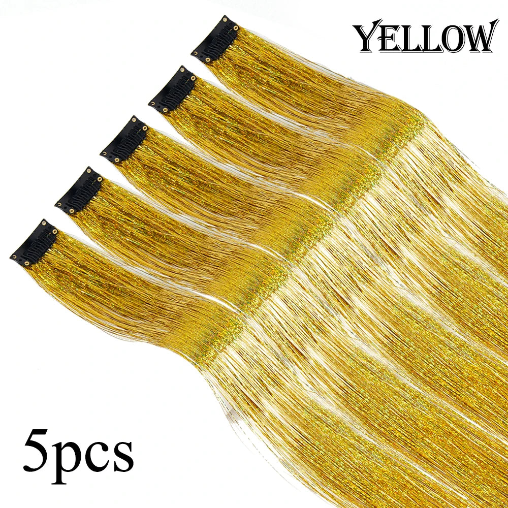 5-piece yellow glitter hair tinsel streaks with black clip fasteners