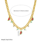 Watermelon enamel charm necklace, gold-tone chain with red-green watermelon charms and clear stones