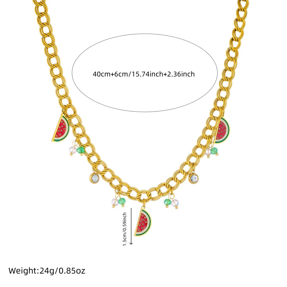 Watermelon enamel charm necklace, gold-tone chain with red-green watermelon charms and clear stones