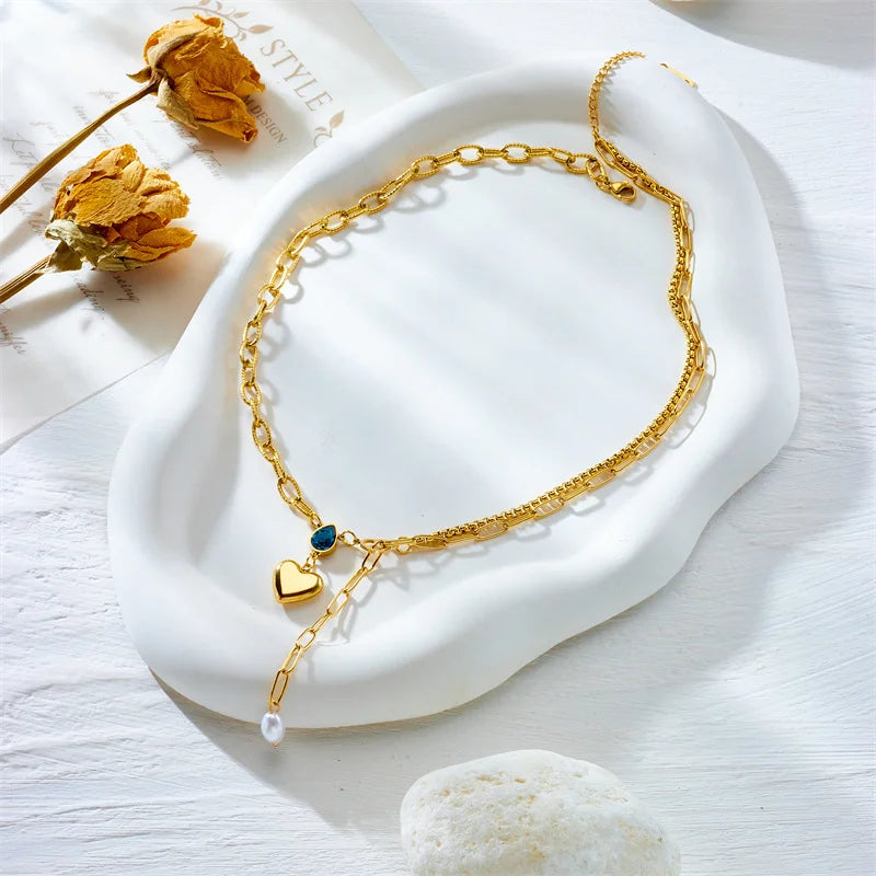 Blue CZ Heart Pearl Lariat Necklace — Stainless Steel