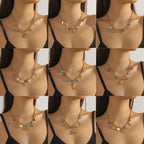 Gold-tone multi-pendant necklace worn on model with colorful turquoise bead charms