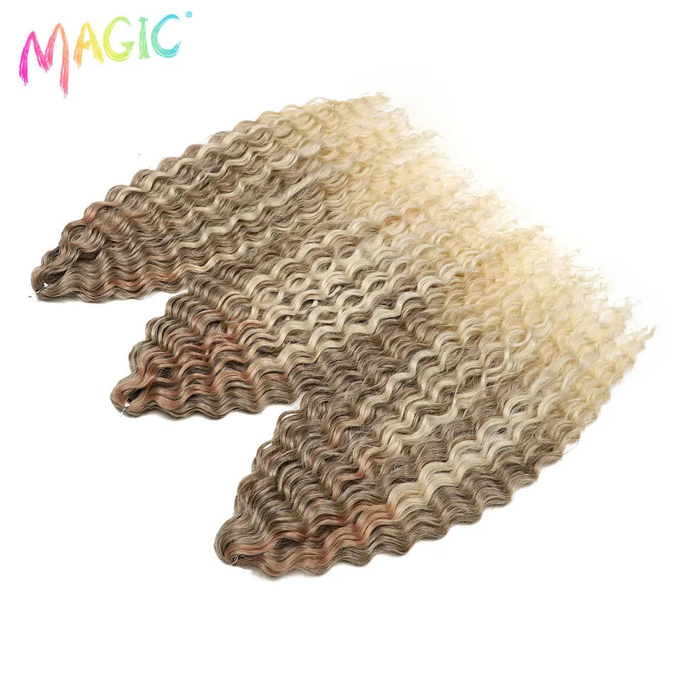 Synthetic ombre crochet braids with water-wave curls, light beige with blonde ends