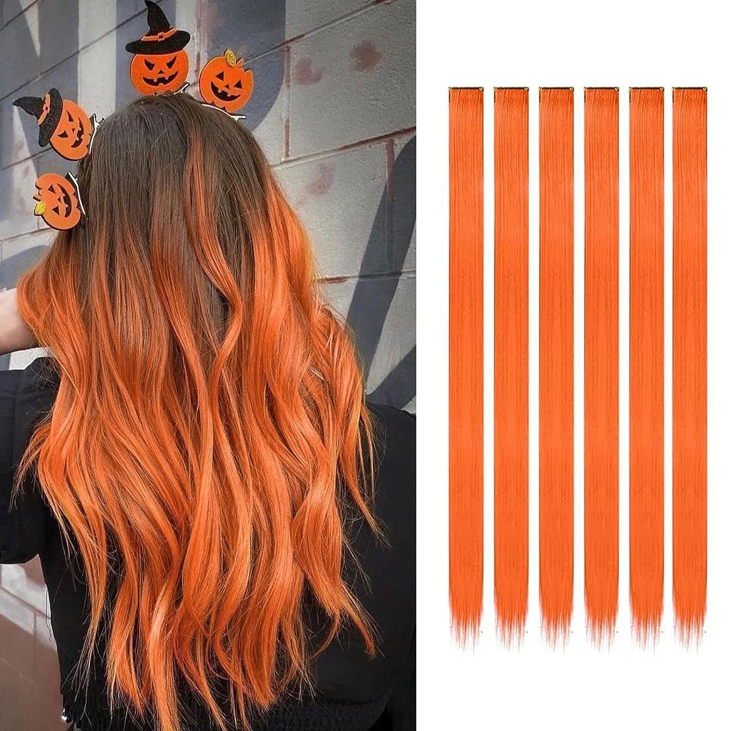 Synthetic clip-in hair highlights, 22-inch orange strands with black clip bases.