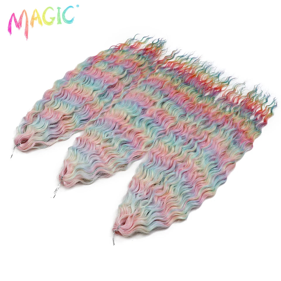Water-wave crochet braids bundle with pastel rainbow ombre in pink, mint, and blue
