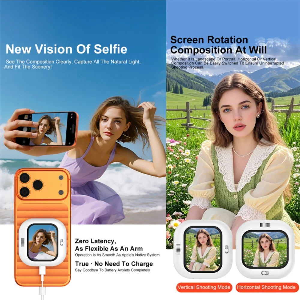 Mini magnetic selfie monitor screen with phone mount and viewable rotating display