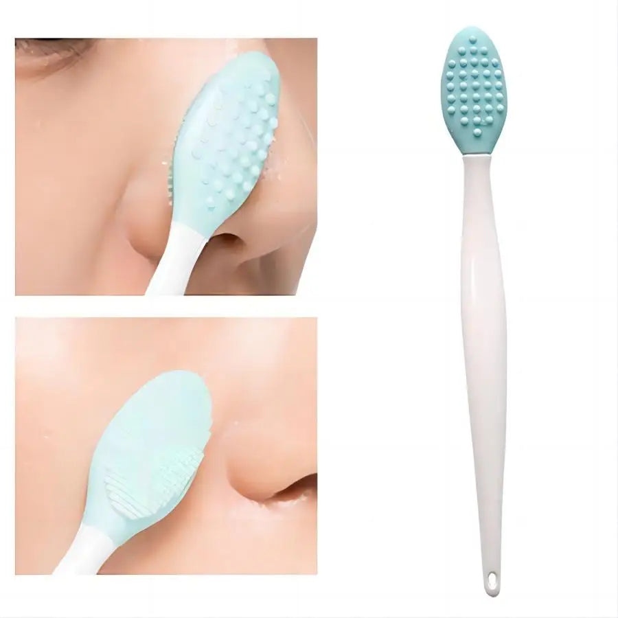 Teal silicone cleaning brush with white handle and raised dot bristle head