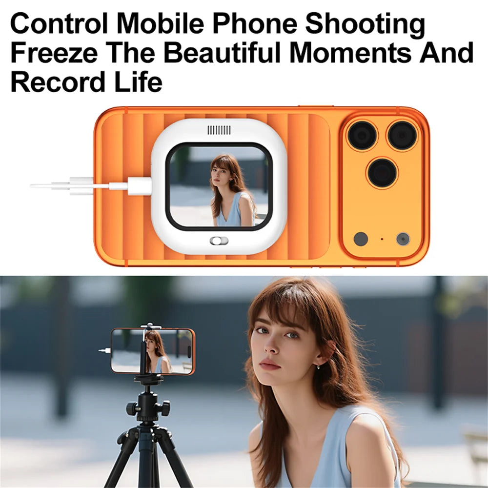 Orange magnetic selfie monitor screen with inset round frame and attached cable