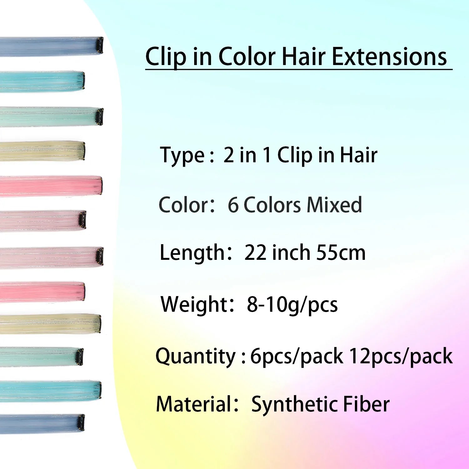 Clip-in hair tinsel extension set with multiple stacked clip pieces in mixed colors