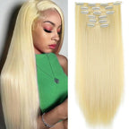 Blonde straight synthetic clip-in hair extension weft and hair worn on a model