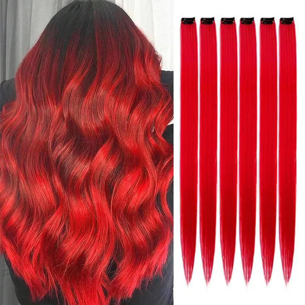 Clip-in synthetic hair highlights with red and dark-red strands and comb clips
