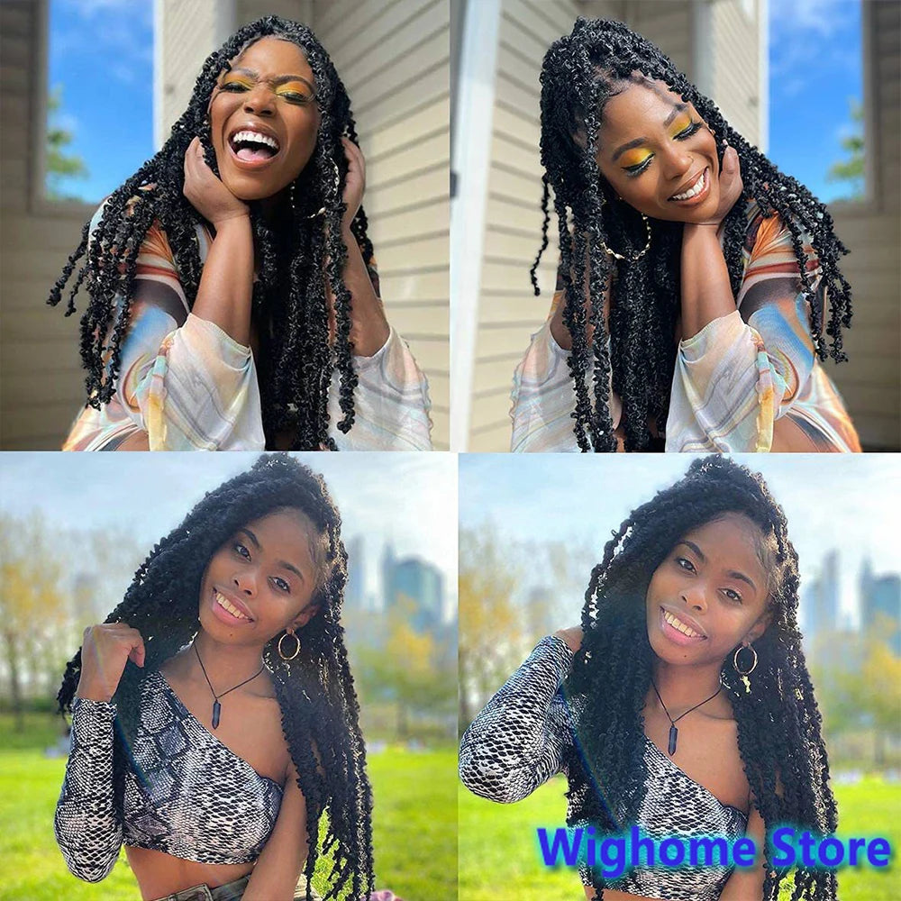Black butterfly locs crochet hair with long rope-like curls, styled over shoulders