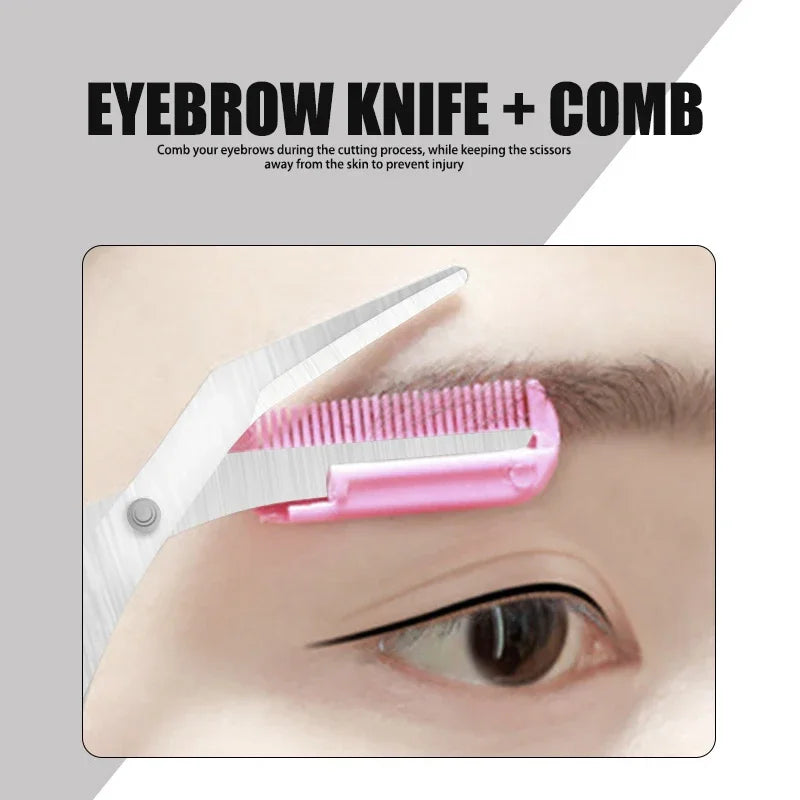 Eyebrow scissors with comb, pink handle and white comb teeth